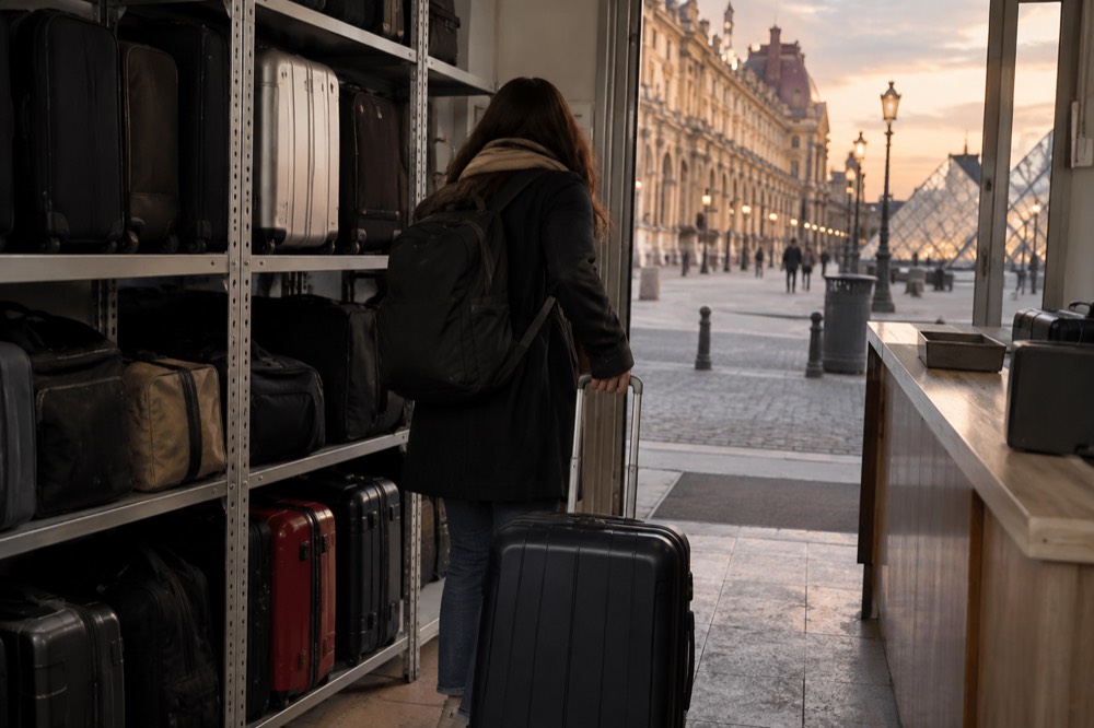 A traveller retrieving a suitcase from a tagged storage area behind a Paris shop counter