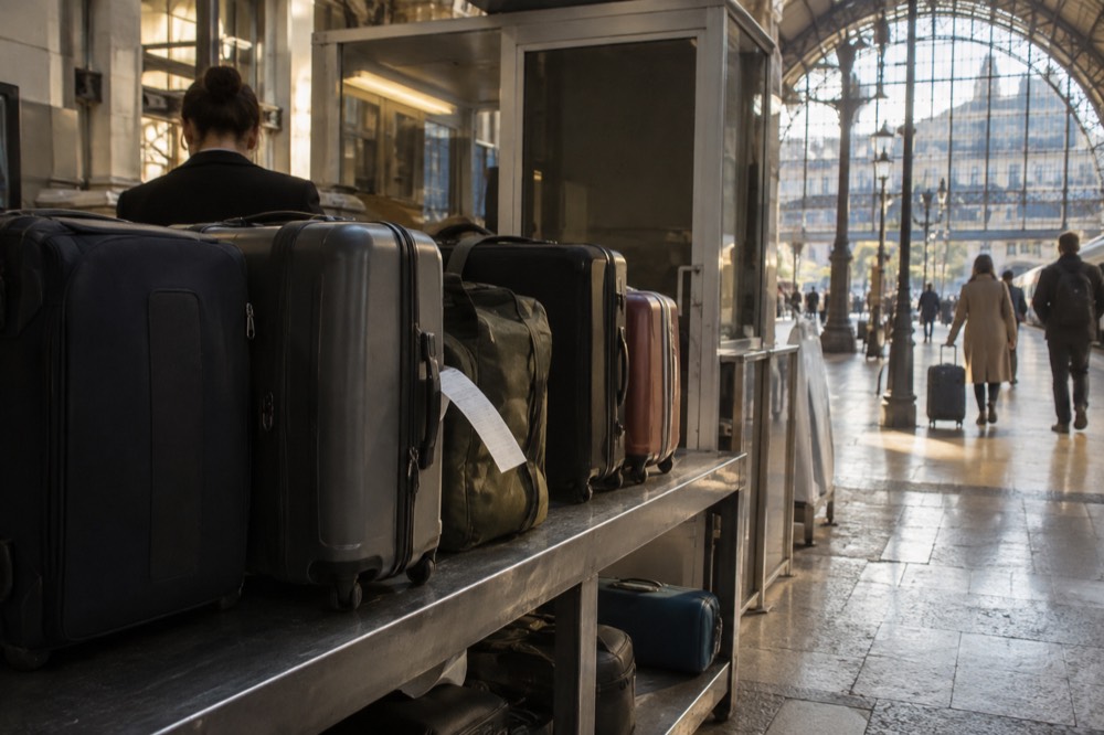 Airport left luggage counter with staffed desk and conveyor area