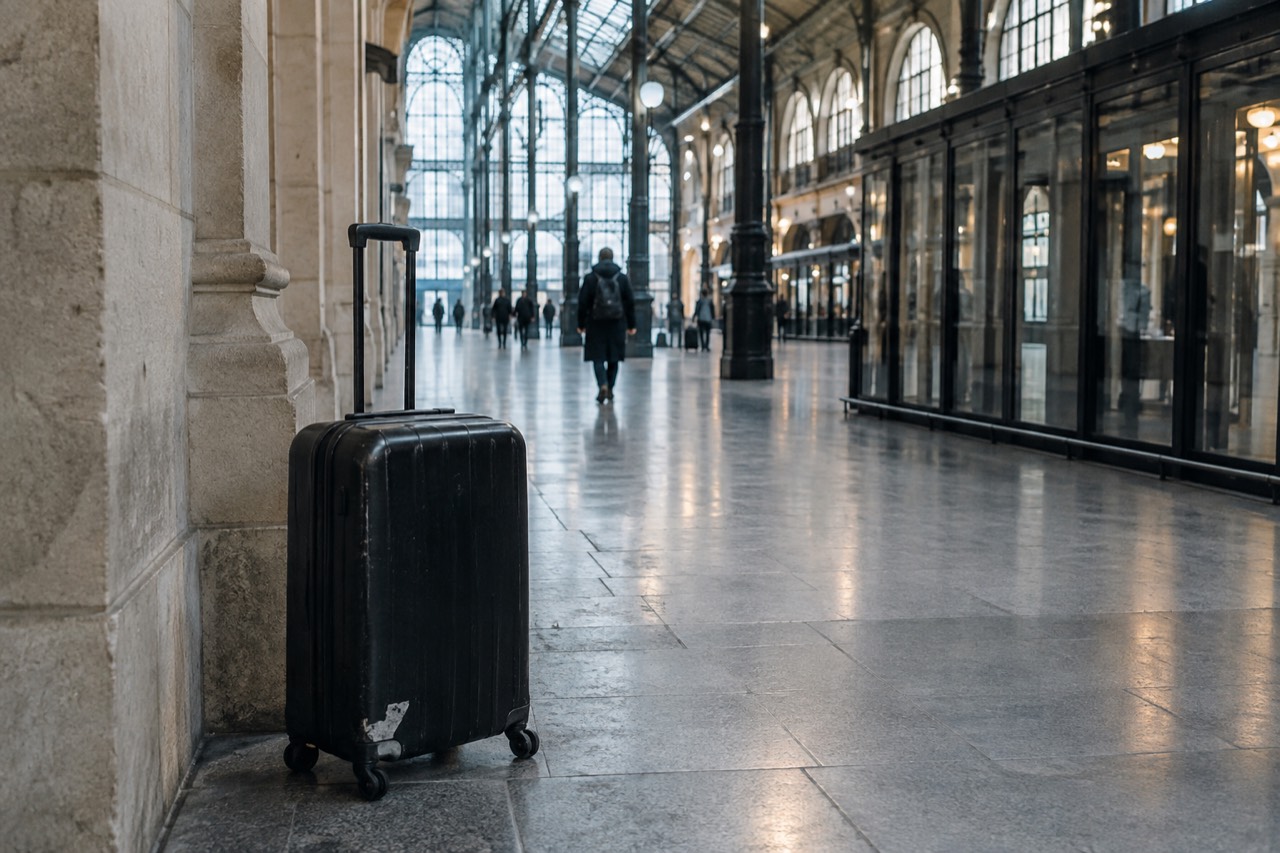A suitcase standing alone in an empty airport terminal corridor near Paris