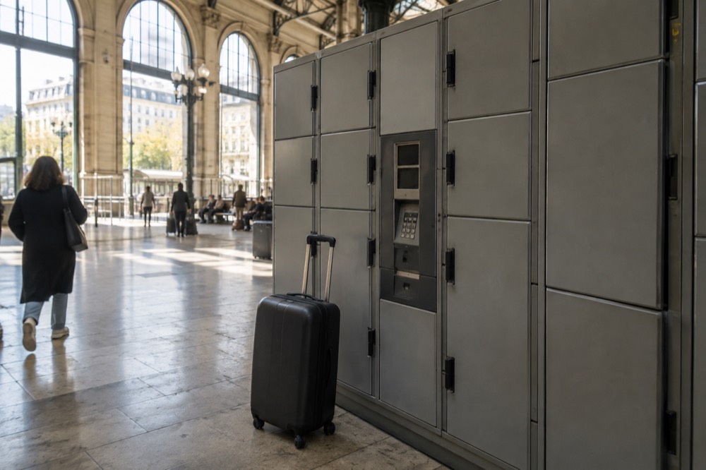 Bank of grey self-service lockers in a bright station concourse