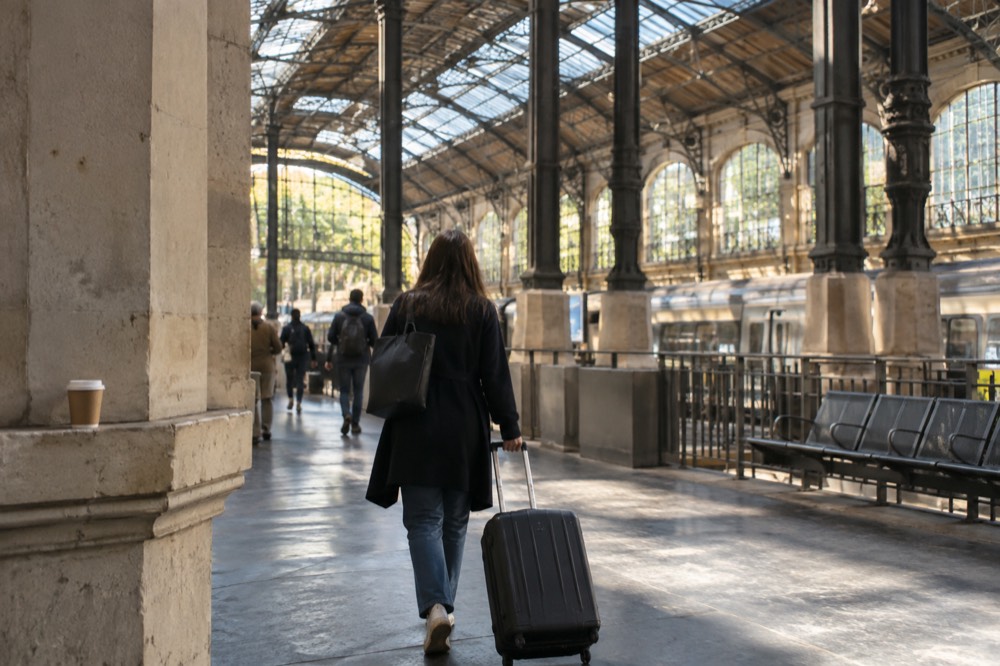 Traveller walking with a suitcase through a sunlit station hall past shops