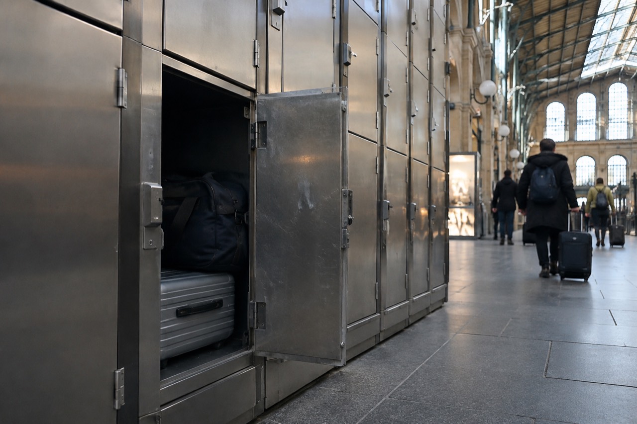 Row of steel luggage lockers along a station corridor wall
