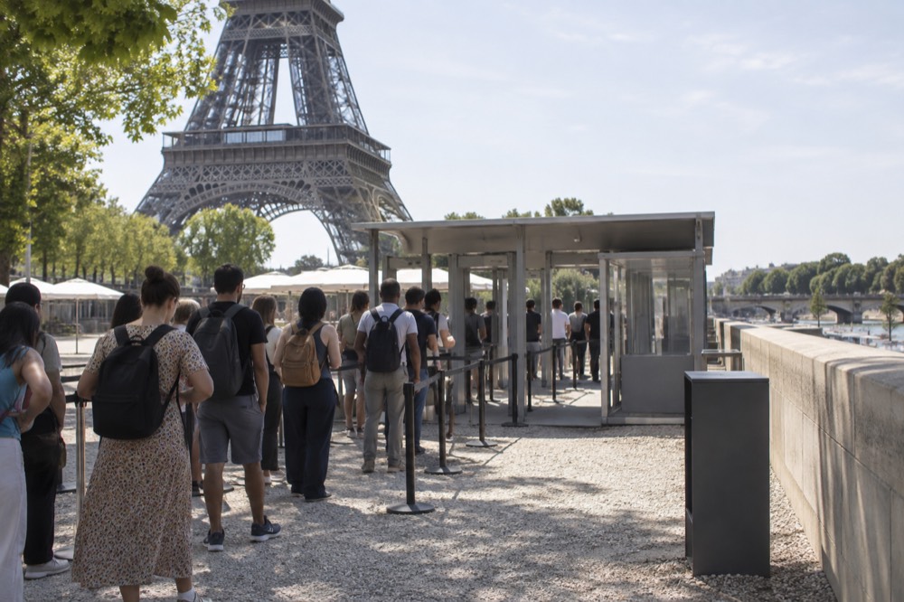 A security checkpoint queue at the Eiffel Tower with visitors holding small bags
