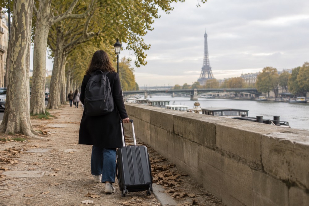 A traveller pulling a wheeled suitcase along a Paris street away from the Eiffel Tower
