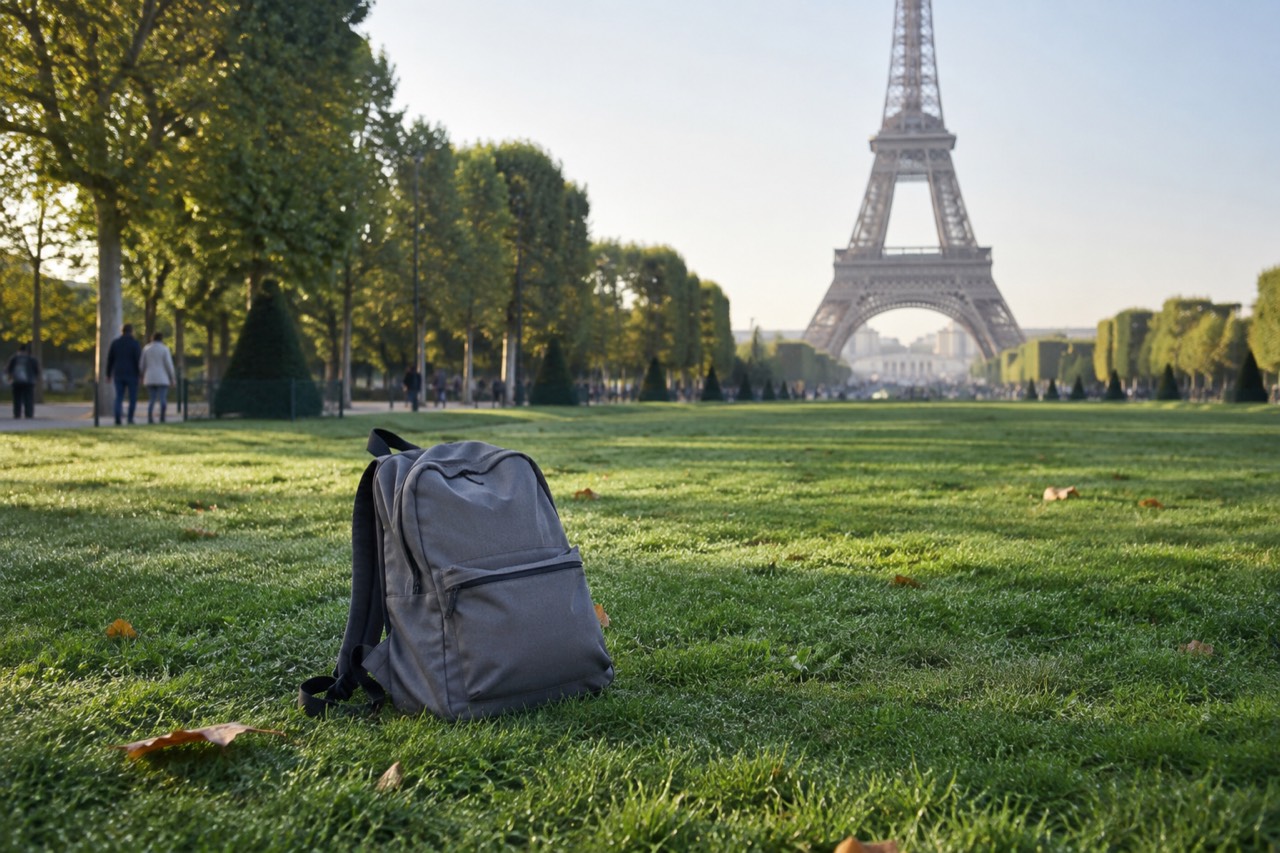 A small rucksack on the Champ de Mars lawn with the Eiffel Tower behind on a clear morning