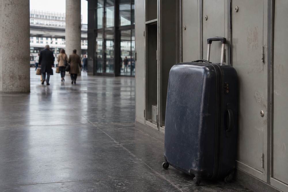 A train station concourse with a suitcase waiting beside a locker bank