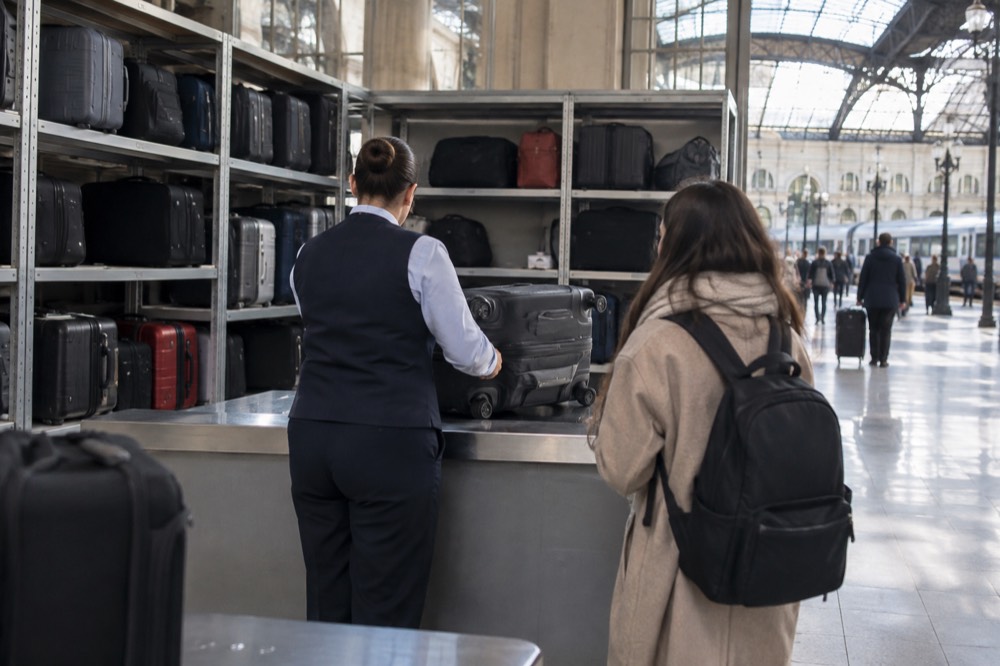 Airport left-luggage counter with a staffed desk and shelves of stored suitcases behind it