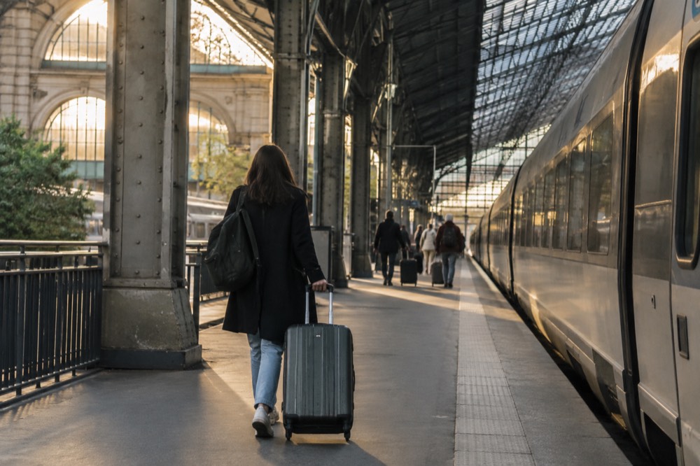 Train station concourse with a traveller walking beside a rolling suitcase toward the platforms