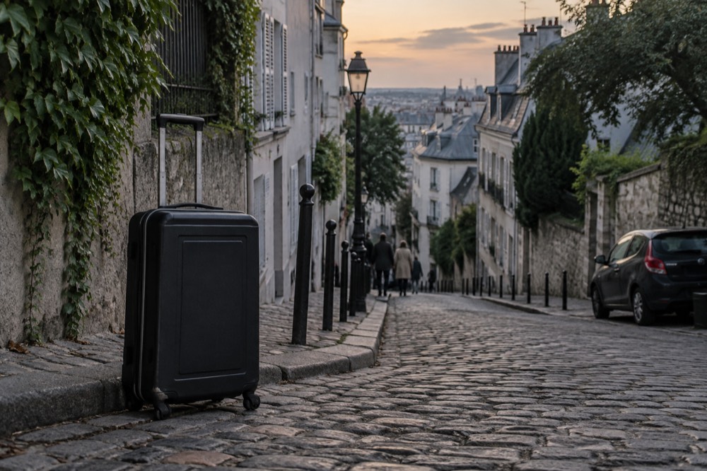 A suitcase on a cobbled Paris lane outside shuttered shopfronts