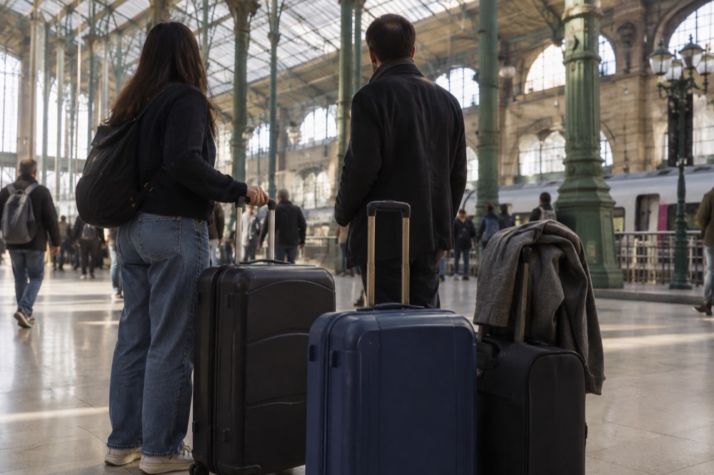 Travellers with suitcases waiting in a glass-roofed international departures hall