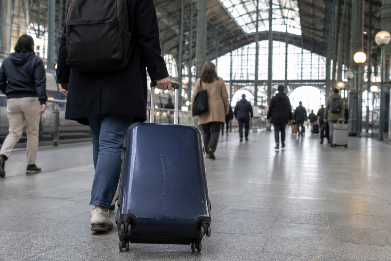 Travellers pulling suitcases across the concourse at Gare du Nord under its tall glass roof