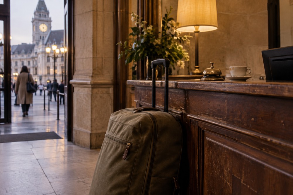 A suitcase left beside a wooden hotel reception counter in warm light in Paris