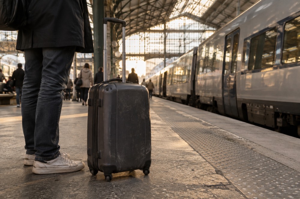 A suitcase on a wide station platform under a long glass and iron train shed roof in Paris