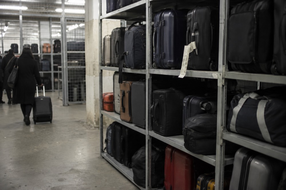 Rows of stacked suitcases and travel bags in a secure airport storage room