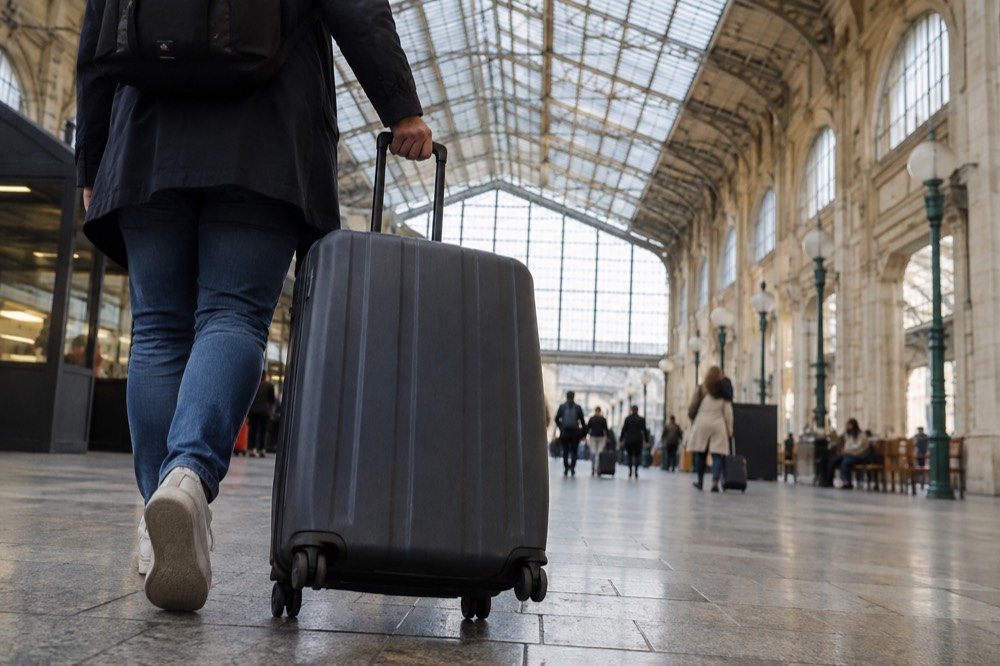 A traveller rolling a large case across a Paris station concourse