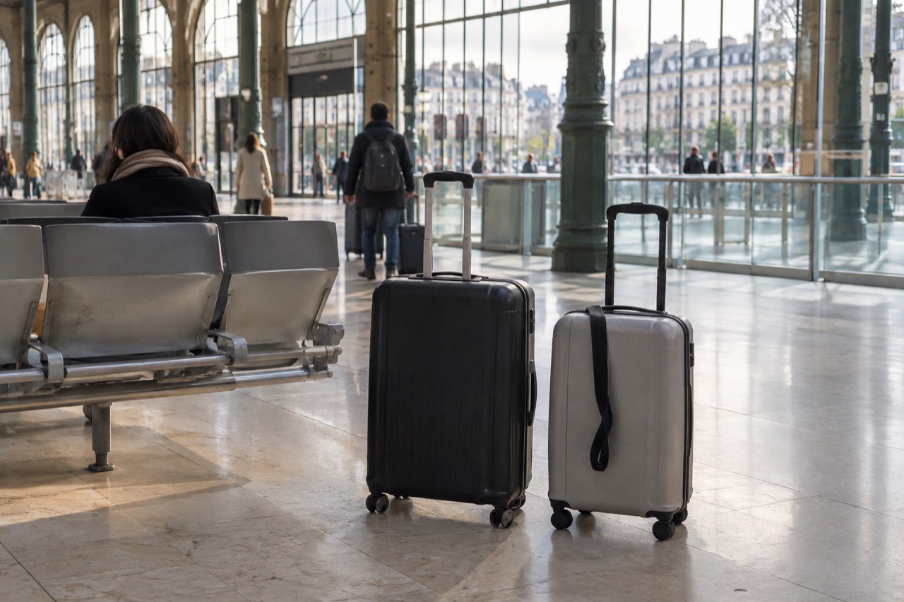 Rolling suitcases parked beside seating in an airport terminal hall near Paris