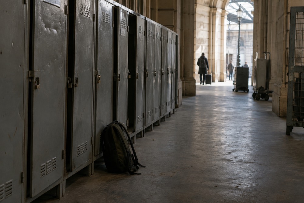 A corridor of metal locker doors in a Paris train station basement