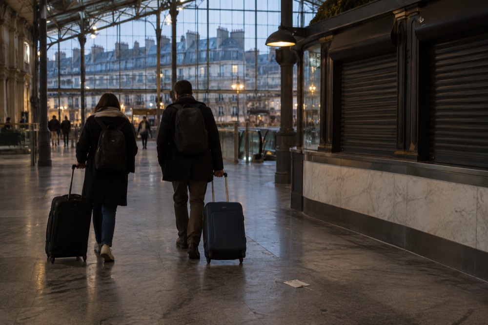 Travellers with suitcases walking past a shuttered service counter in a busy Paris station hall