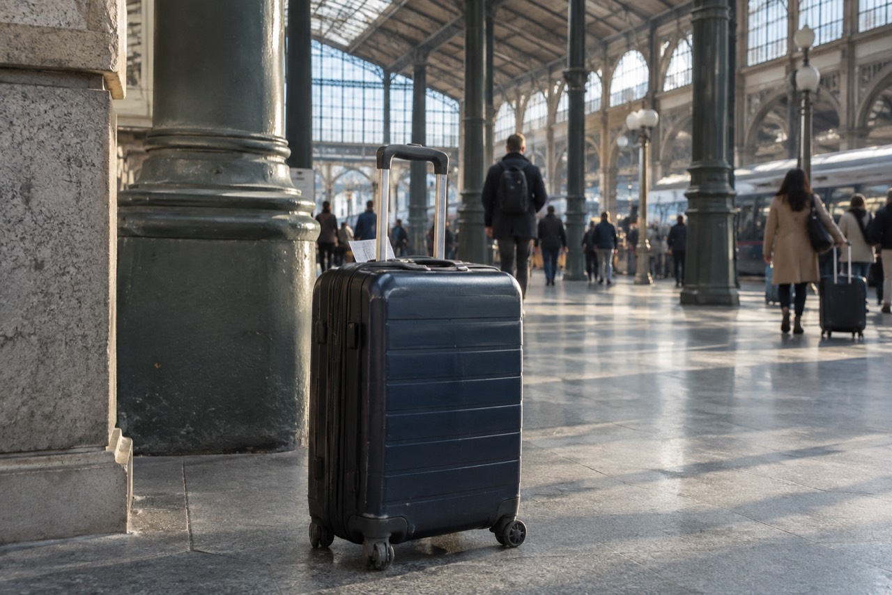 A closed suitcase standing on the tiled floor of a Paris station concourse