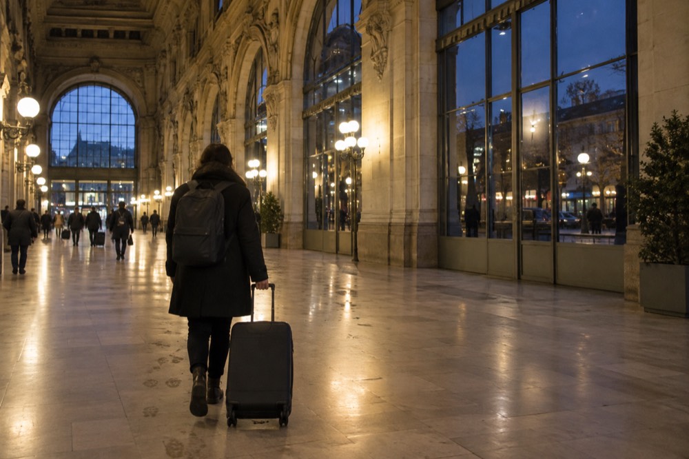 A wheeled suitcase being pulled across a busy Paris station hall