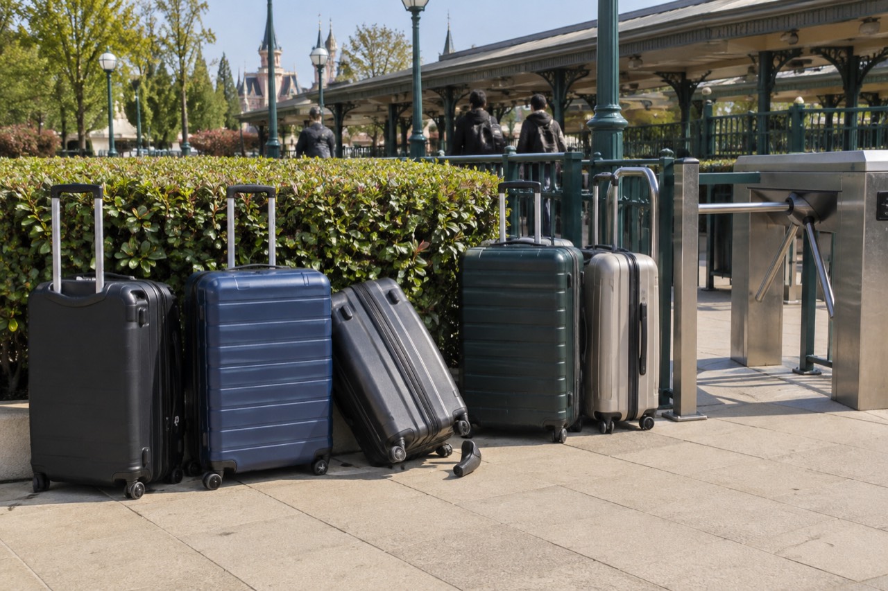 Suitcases lined up beside a theme park entrance turnstile on a bright morning
