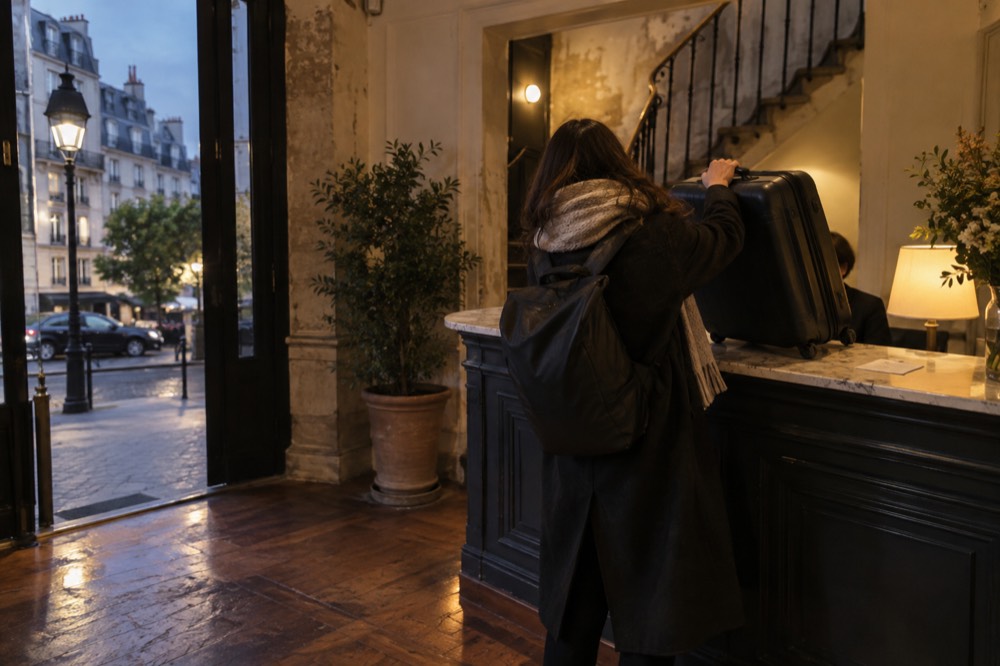 A traveller collecting a suitcase from behind a Paris hotel reception counter in the evening