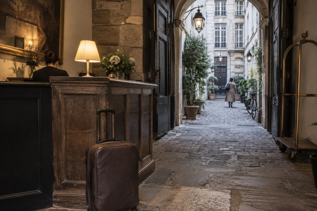 A hotel reception desk in Paris with a suitcase parked beside the counter