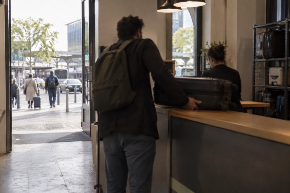 A traveller handing a suitcase over a shop counter in Paris