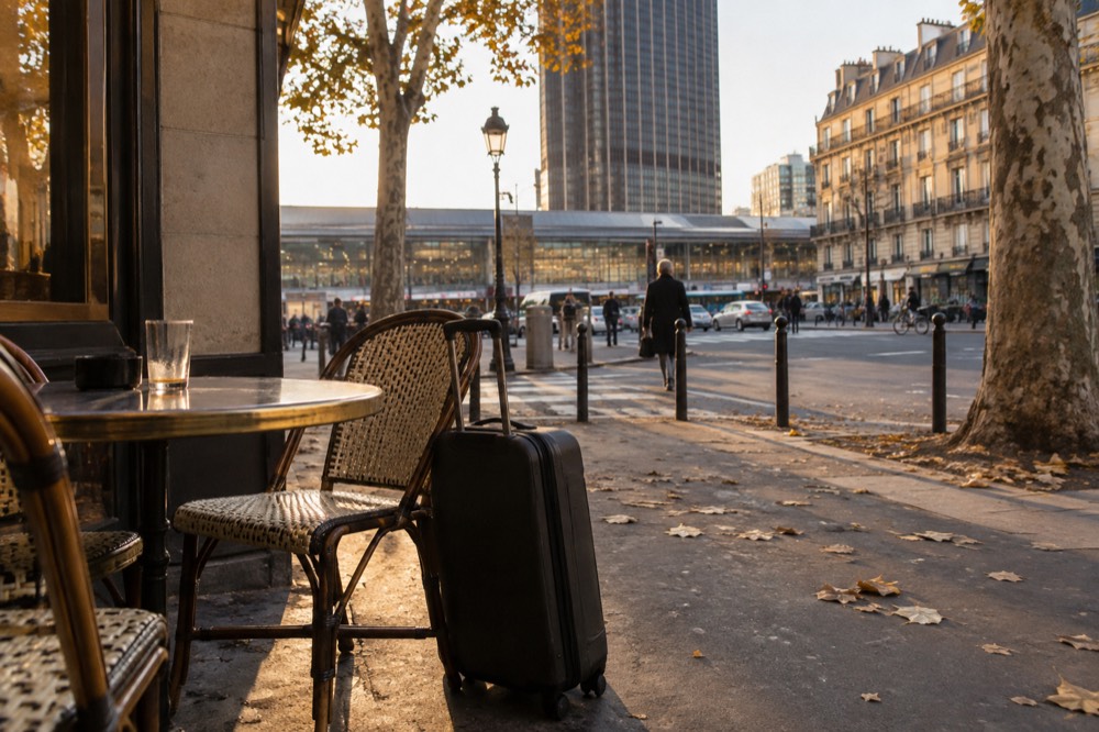 A suitcase beside an empty cafe terrace on a Paris street near Montparnasse