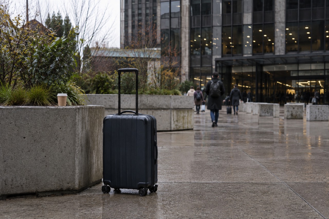 A suitcase on the plaza outside the glass tower of Gare Montparnasse in Paris