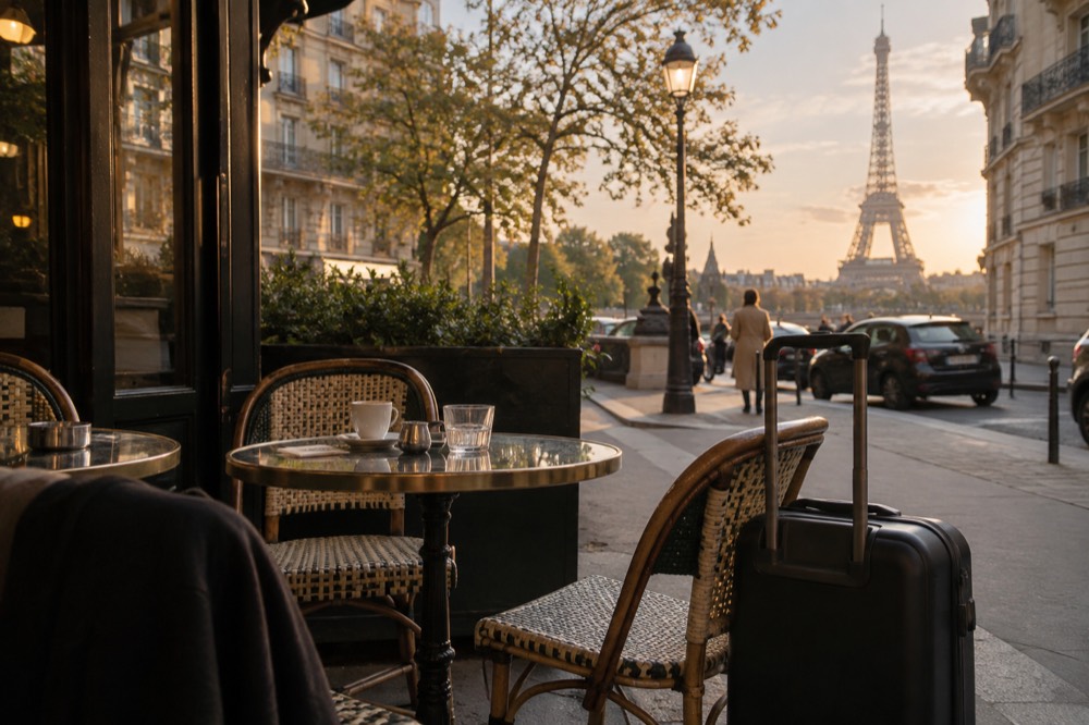 A suitcase beside small round tables on a cafe terrace in the Eiffel Tower district of Paris