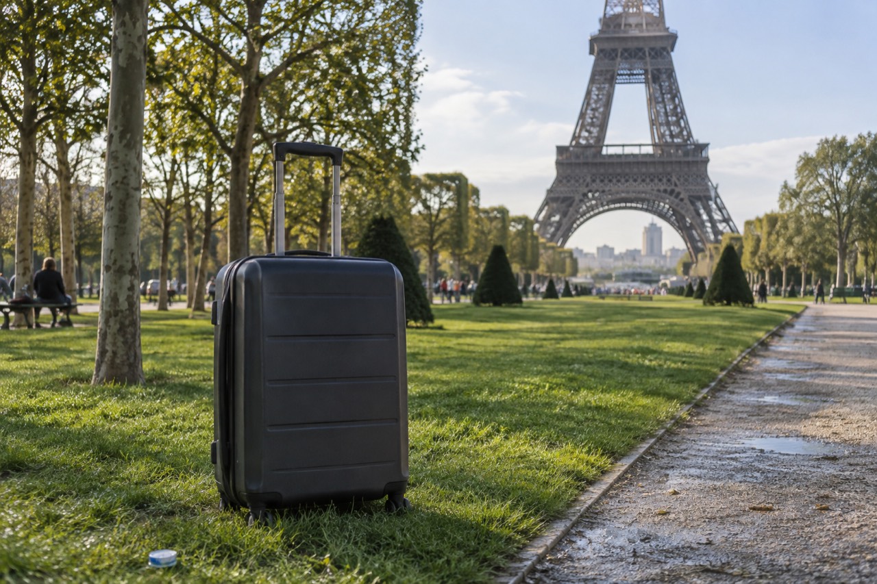 A wheeled suitcase on the Champ de Mars lawn with the Eiffel Tower behind on a bright morning