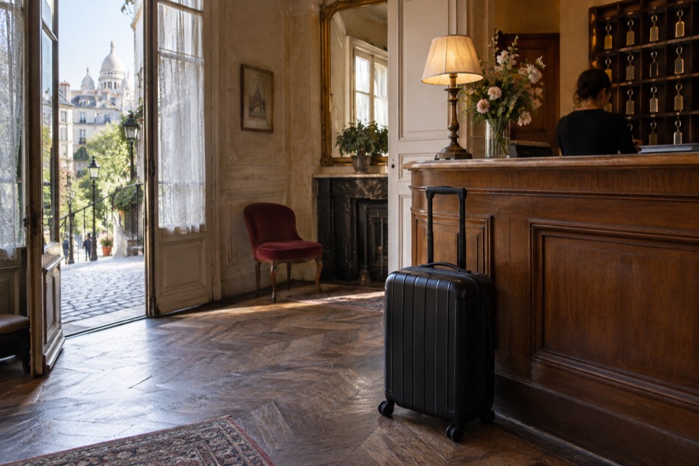 Suitcase standing beside a hotel reception counter in a Paris lobby