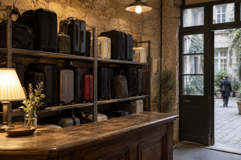 Tagged suitcases lined up in a hotel luggage room behind a reception desk