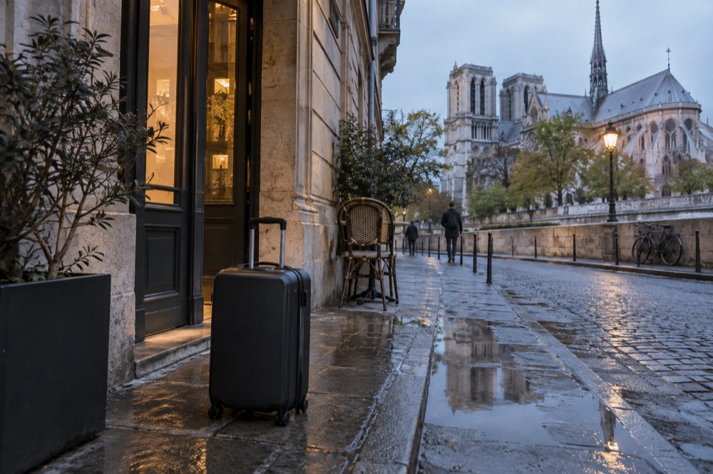 A suitcase on an empty Paris street in early morning light outside a hotel entrance