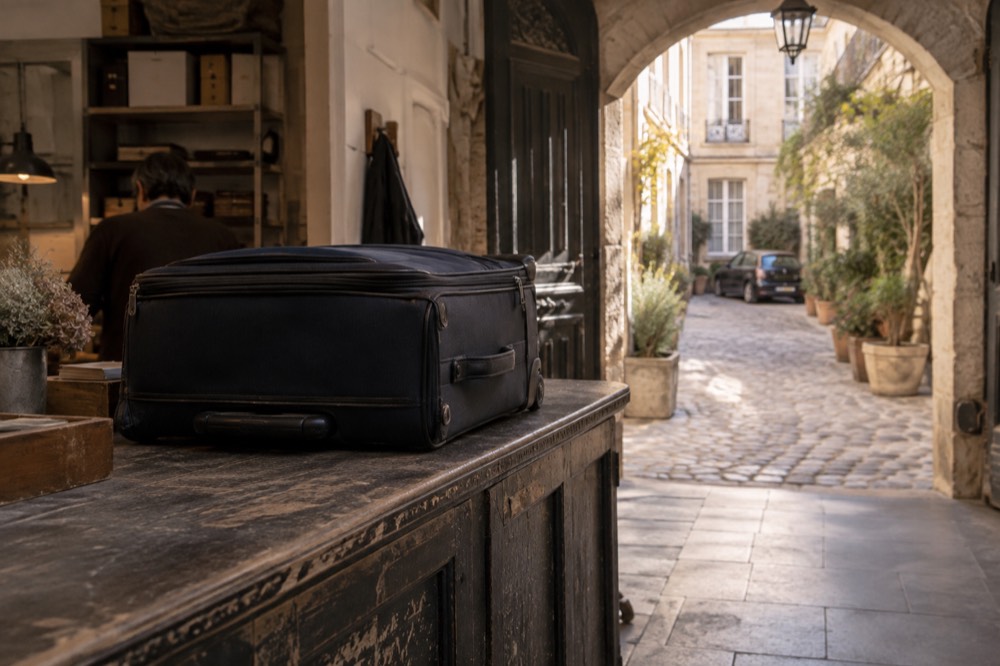 A shop counter with a suitcase waiting to be tagged for storage