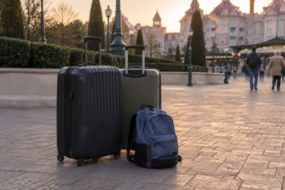 Suitcases beside a theme park entrance gate east of Paris