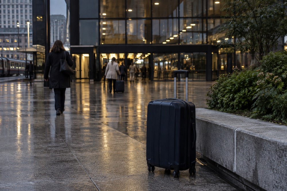 A suitcase outside a small shop front on a Paris street