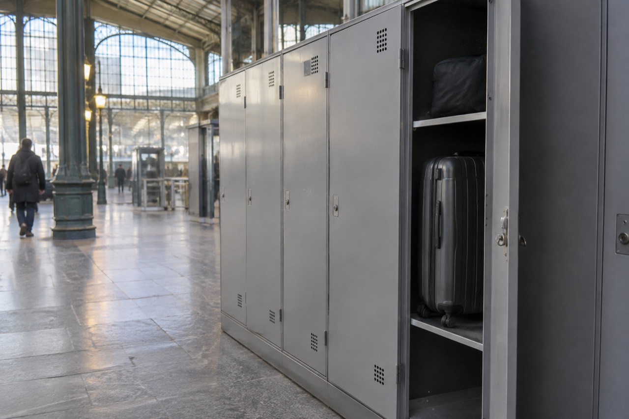 A row of grey luggage lockers in a Paris train station with a door ajar
