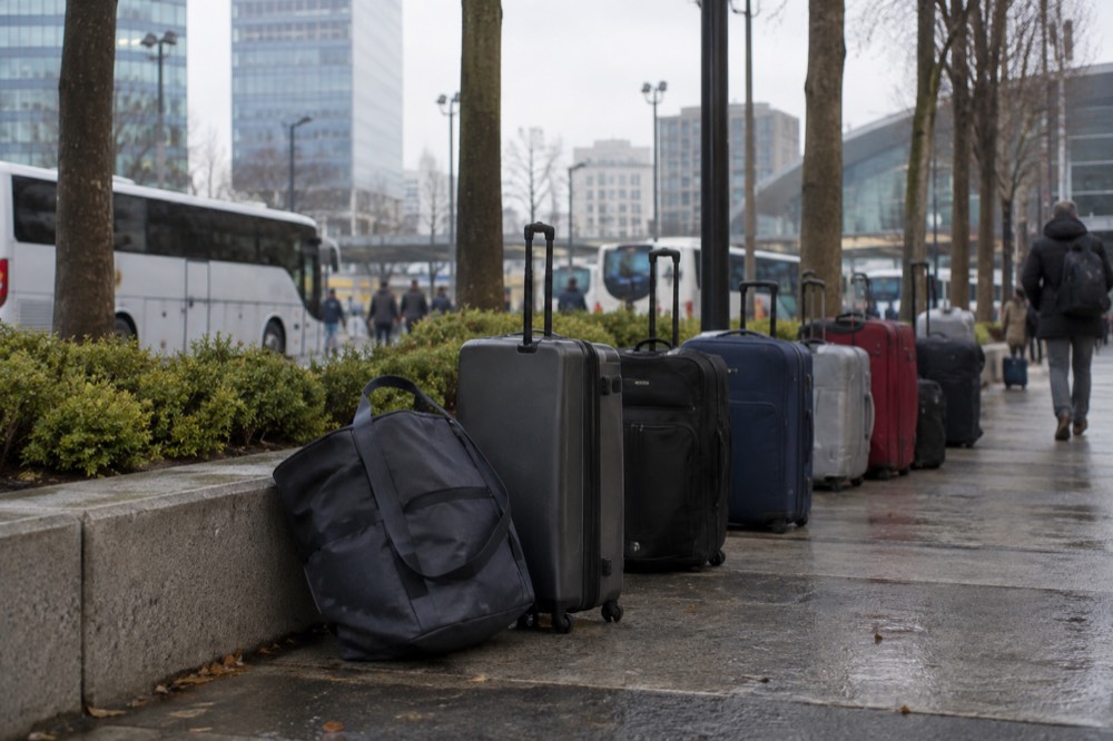A bus stand outside a Paris station with luggage bags lined up on the pavement