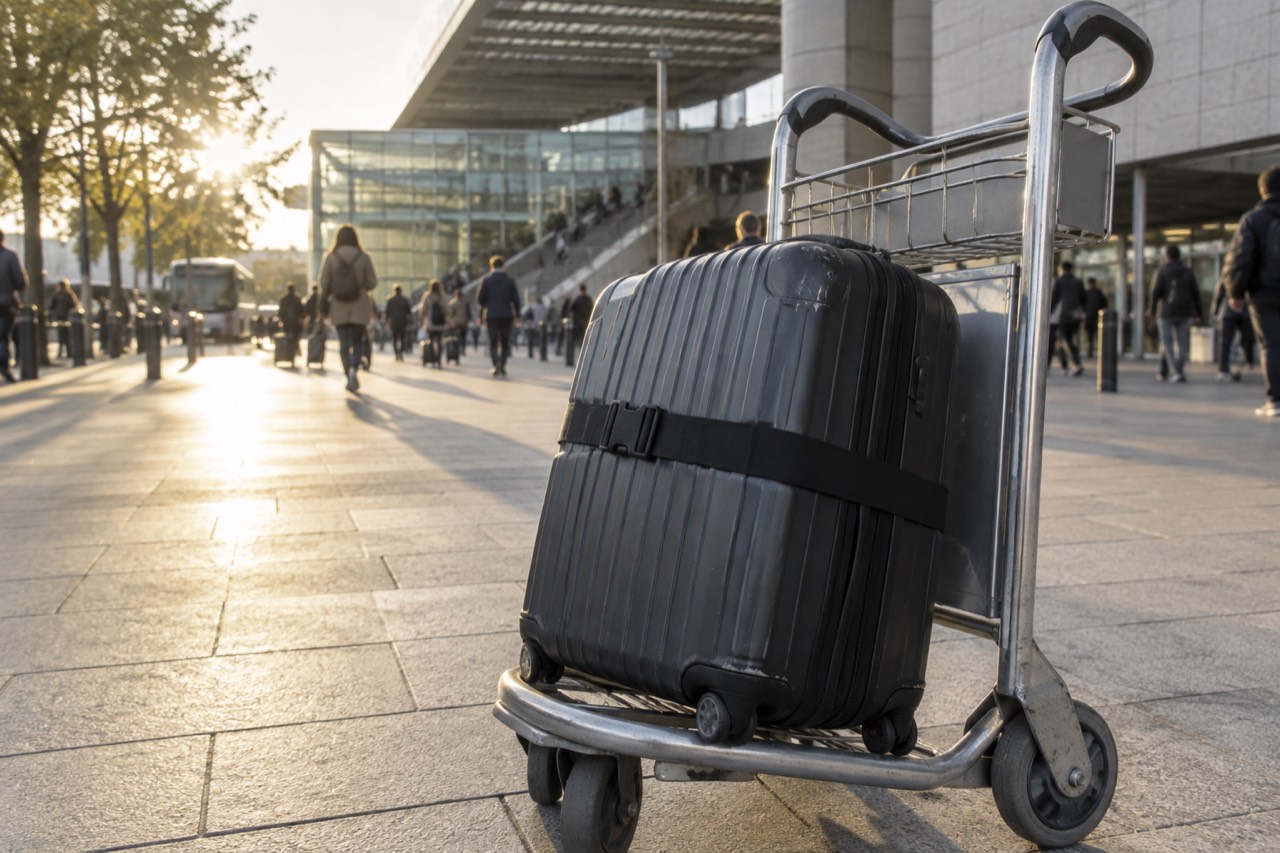 A suitcase on a luggage cart in an airport terminal near Paris
