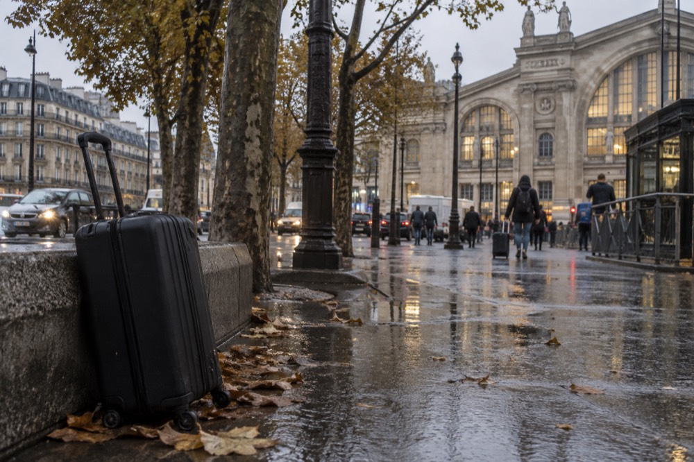 An empty station bench with a suitcase standing beside it and no people nearby