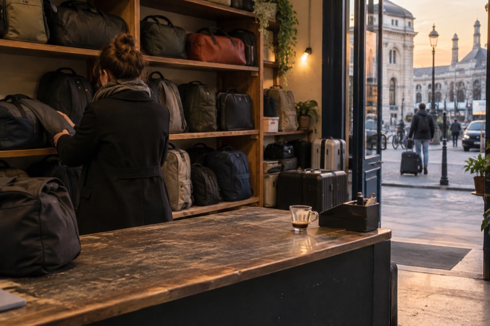A shop interior with a staffed counter where travel bags are stored on shelves behind it