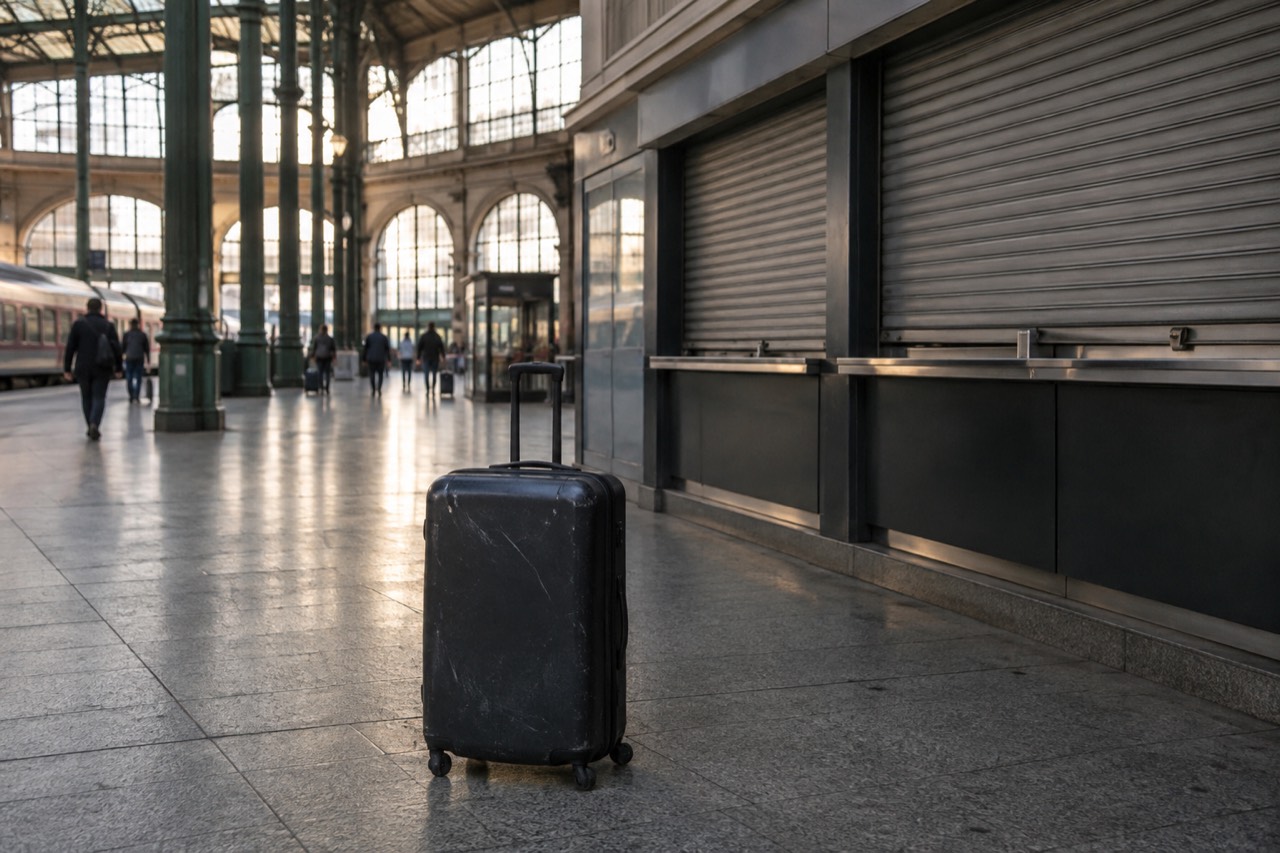 A station concourse with a closed luggage counter and a suitcase standing beside it