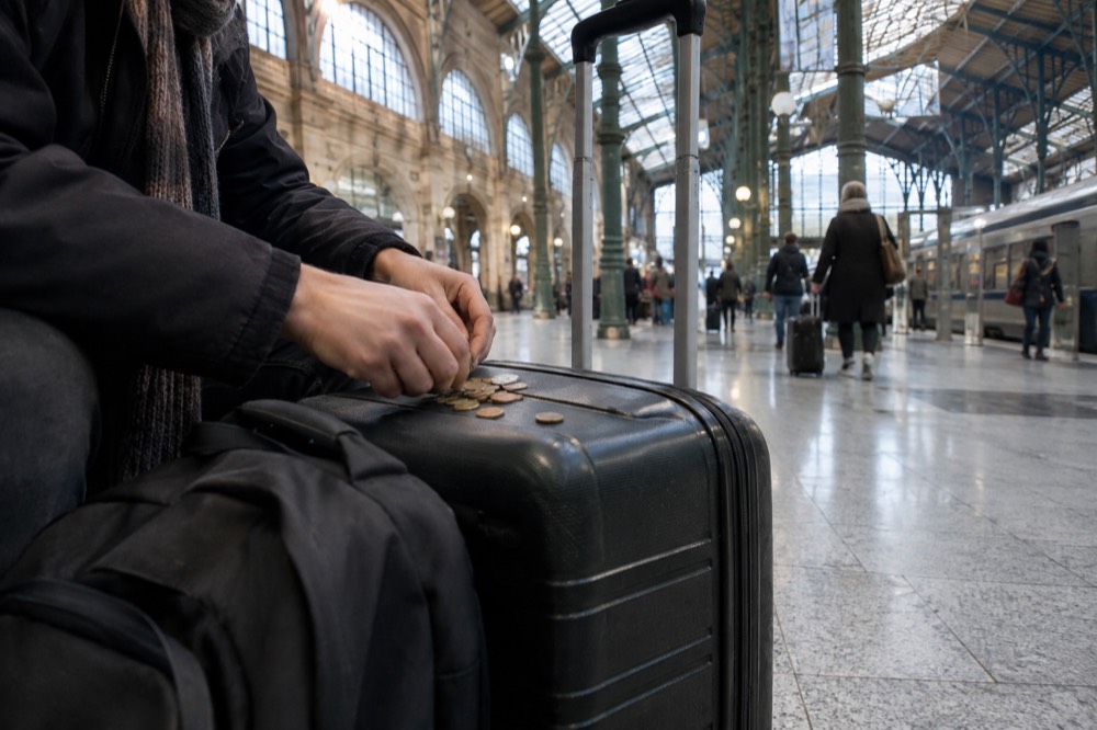 Traveller counting euro notes beside a suitcase on a station concourse bench