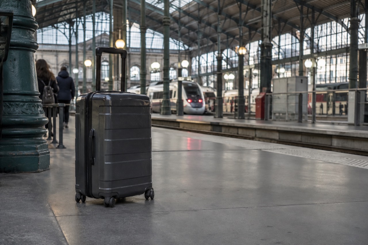 A suitcase waiting on a train platform at Gare du Nord in Paris