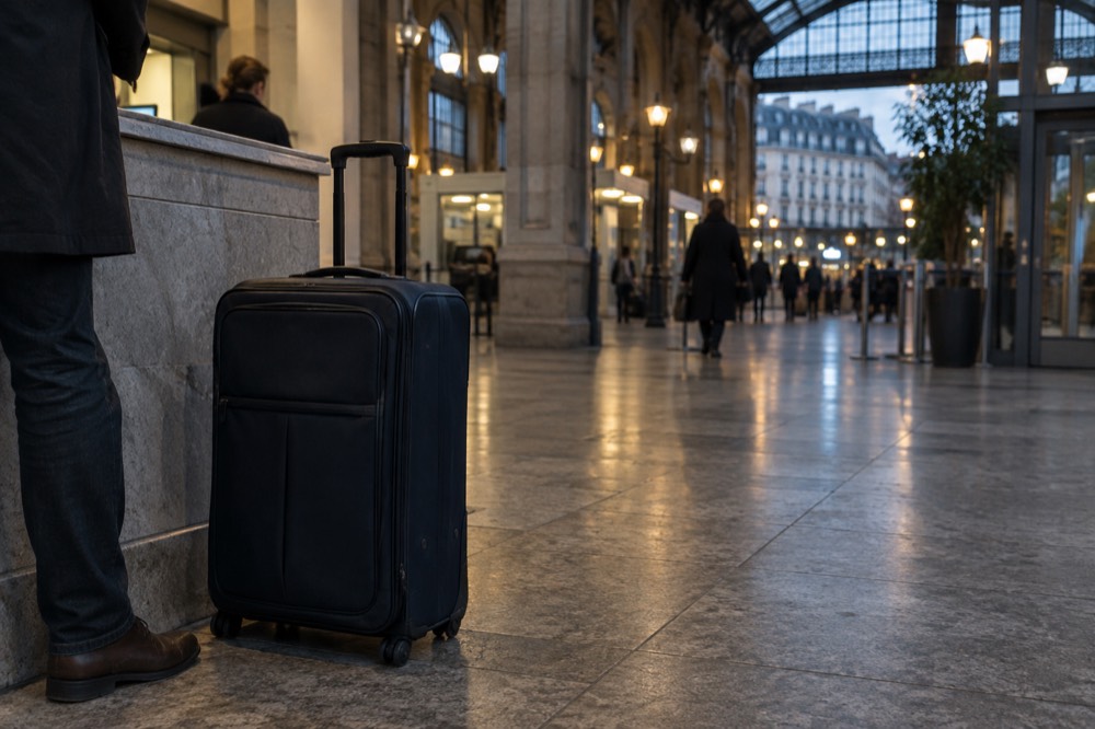A suitcase left beside a hotel reception desk in Paris