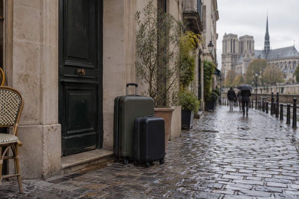 A closed door in a Paris hotel corridor with two suitcases waiting outside it