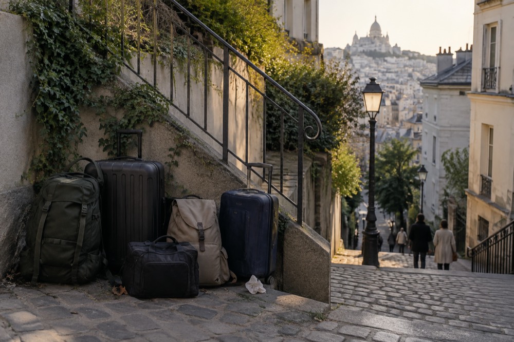 Several suitcases parked together in a corner behind a hotel staircase with no staff present