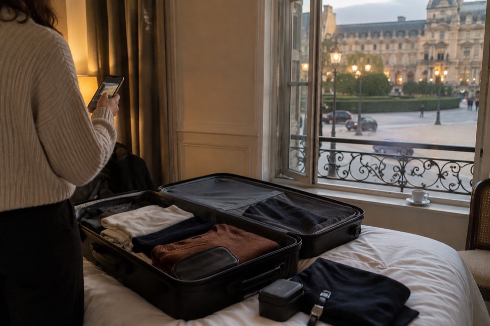 An open suitcase on a hotel bed being packed with a phone photographing the contents